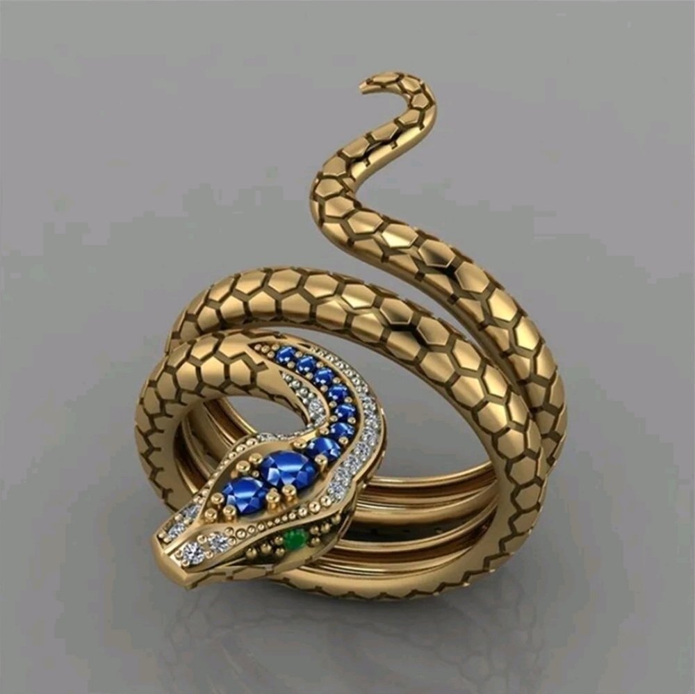 Huitan Gold Snake Ring with Blue and Green Gem Accents
